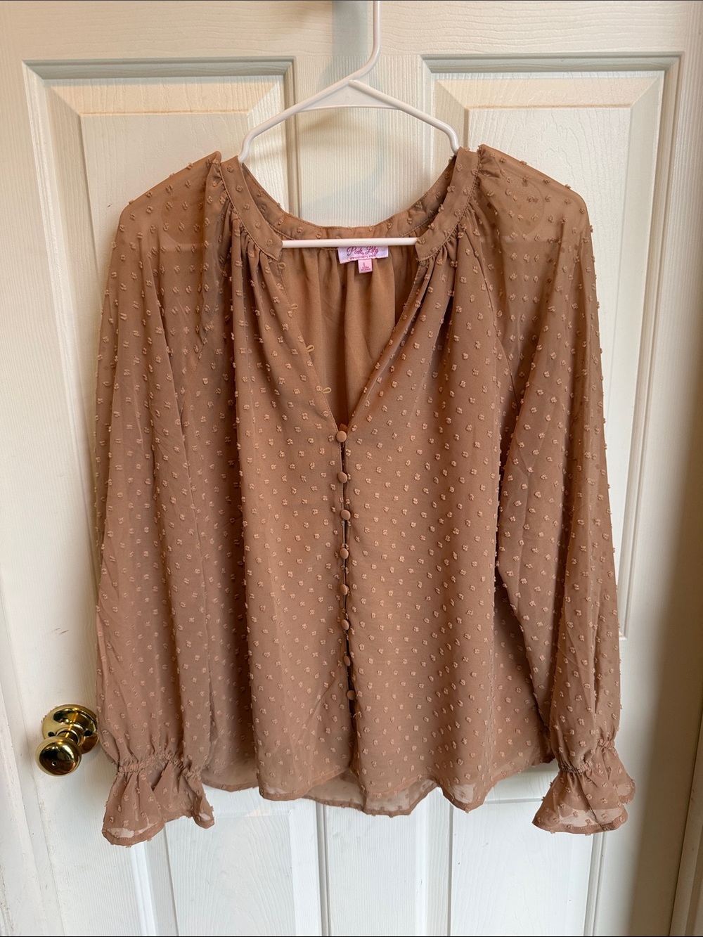 Pink Lily Tan Swiss Dot Button-Up Blouse